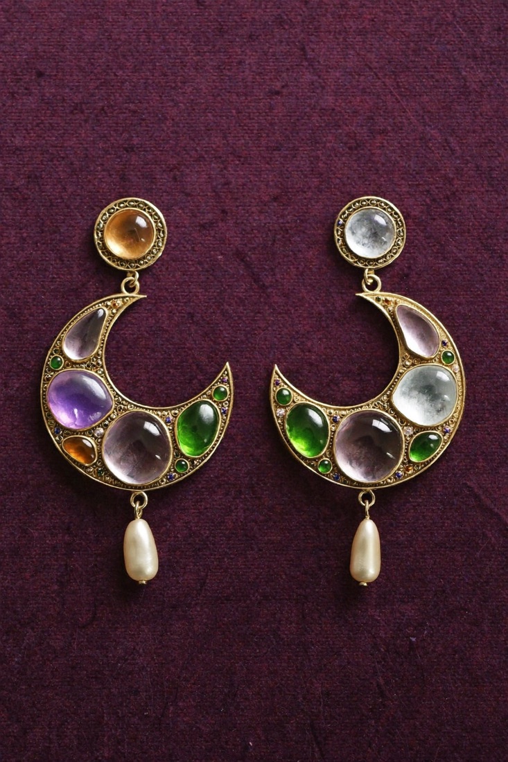 Polki-style chandbali earrings with a pearl drop